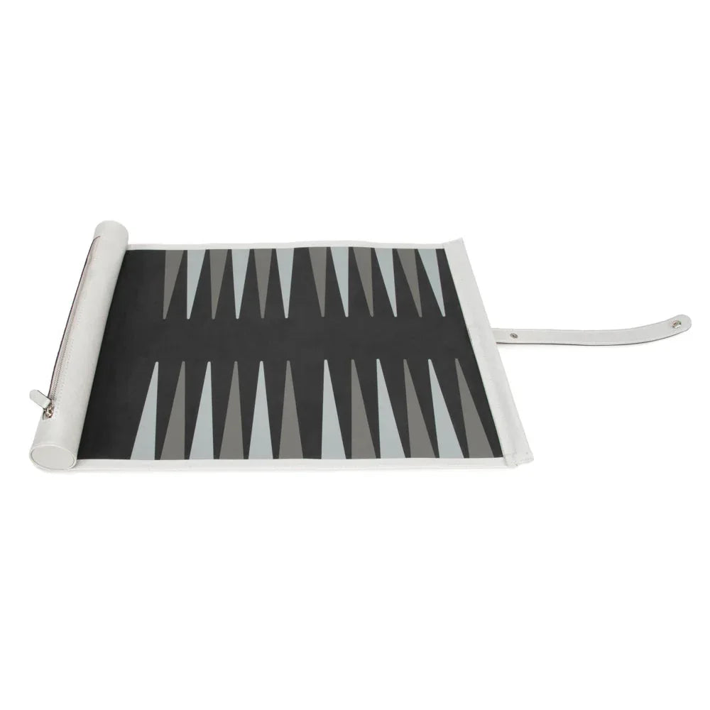Rowan Travel Backgammon Roll Games - Backgammon Black and silver  striped mat with a handle on a white background