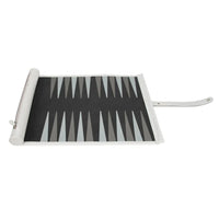Rowan Travel Backgammon Roll Games - Backgammon Black and silver  striped mat with a handle on a white background