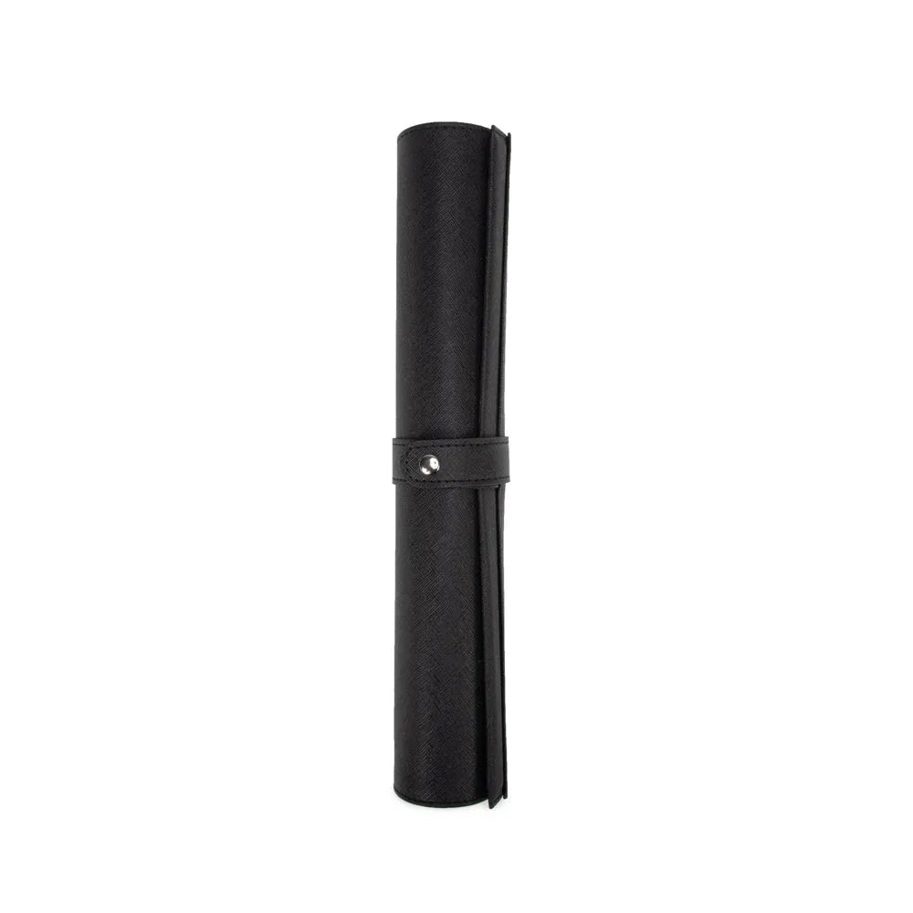 Black roll-up game pouch with a strap on a white background