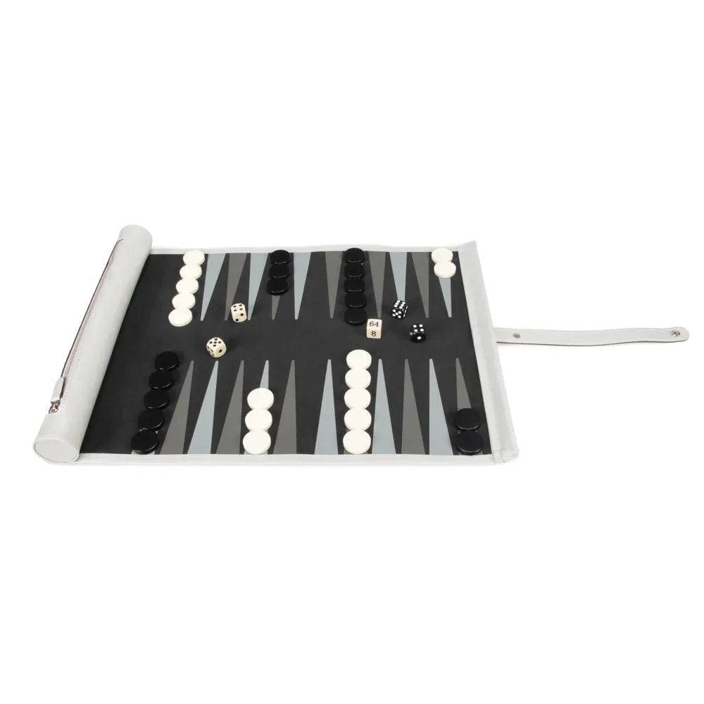 Silver Backgammon set with pieces on a clear board against a white background