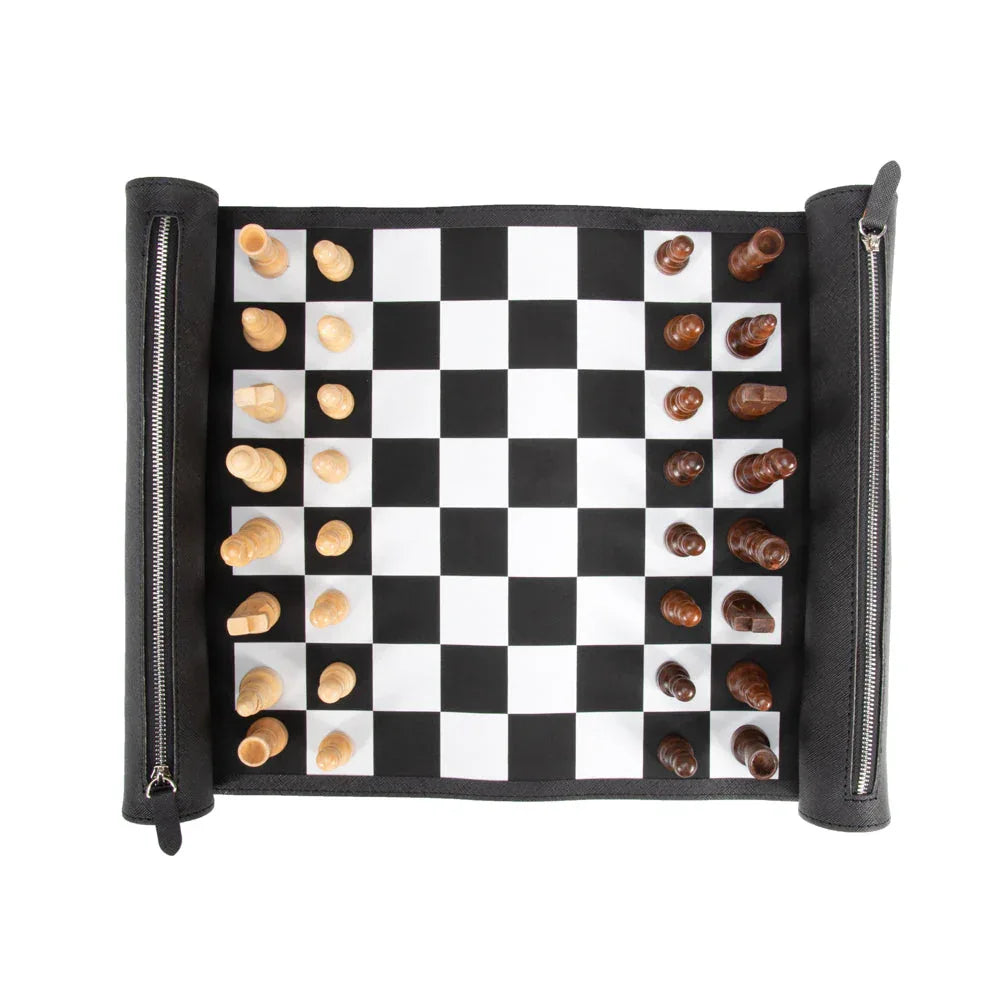 Foldable checkered board with chess pieces on a white background