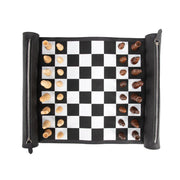 Foldable checkered board with chess pieces on a white background