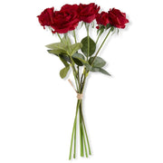 Bouquet of red roses with green leaves and 6 stems on a white background