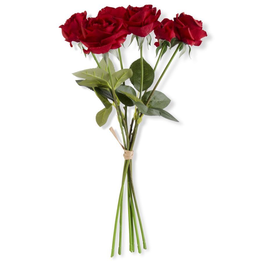 Bouquet of red roses with green leaves and 6 stems on a white background