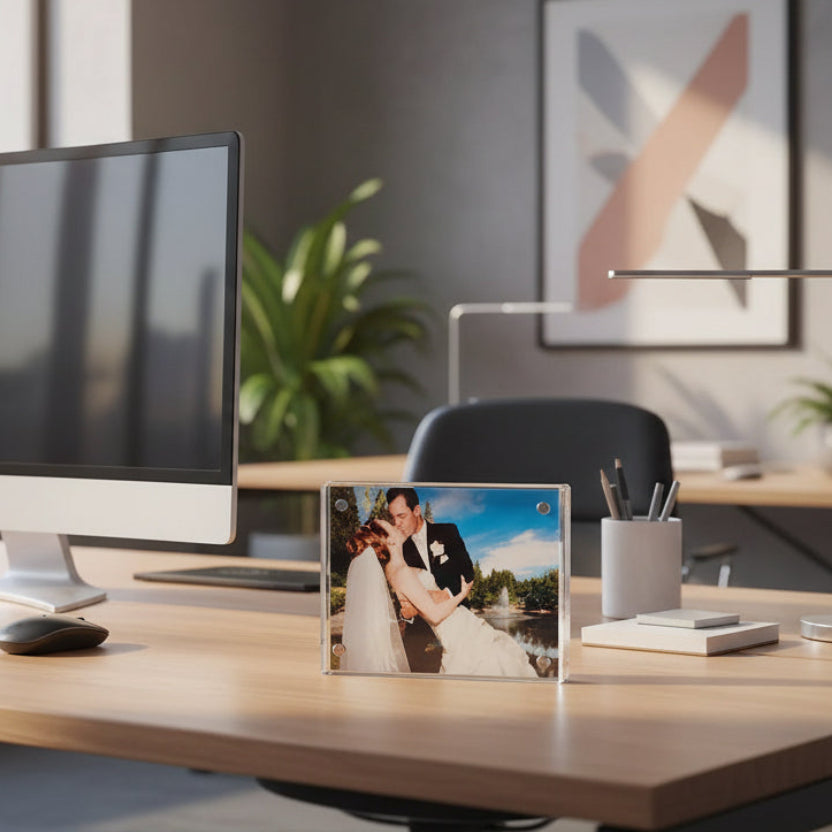 Modern office desk with computer setup, decor, and a Luxury Desk Accessories photo block 