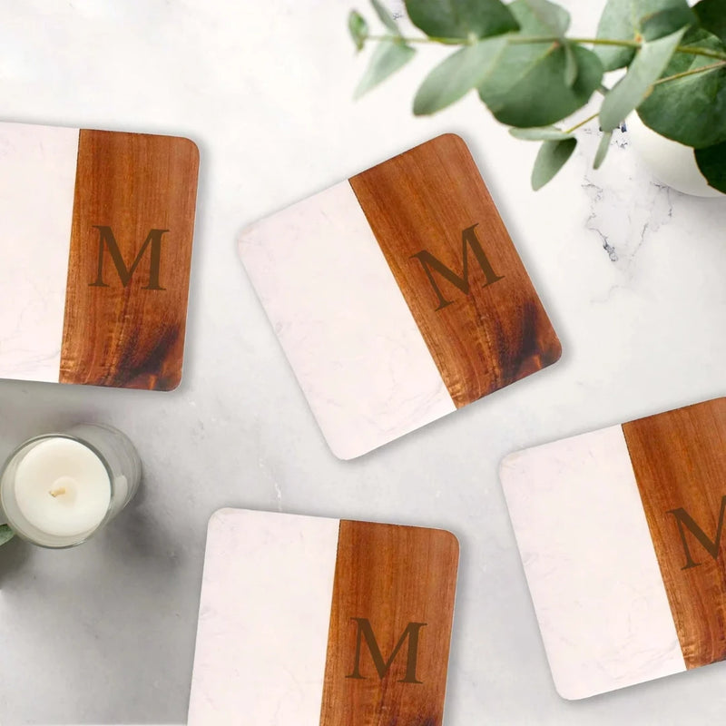 Square Marble & Acacia Wood Coasters in white marble with "M" engraving. 