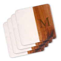 Square Marble & Acacia Wood Coasters in white marble with "M" initial engraved. 