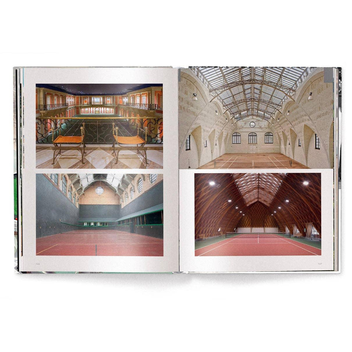 Open book showing images of indoor sports courts with high ceilings and large windows. Tennis Architecture