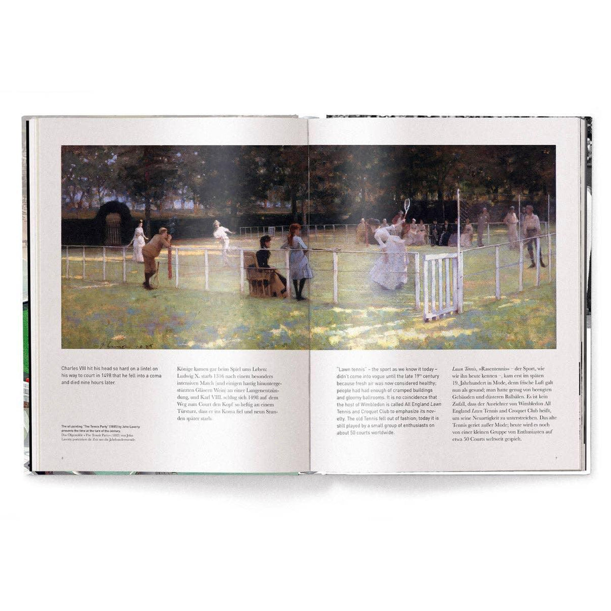 Open book showing a painting of people in a park setting. Gift for Tennis Players.