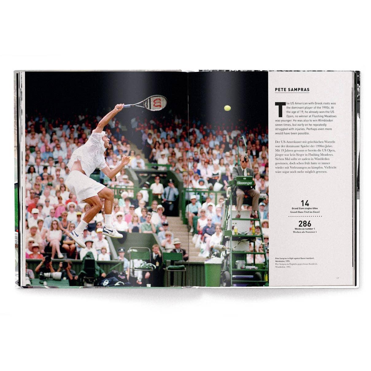Open book showing a tennis player in action with a crowd in the background