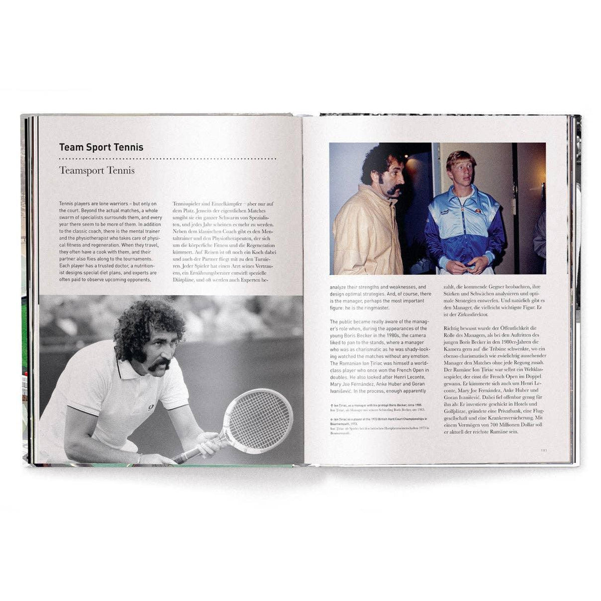 Open book showing pages about tennis with images of people and a racket. Sports Photography, Wimbledon Art