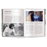 Open book showing pages about tennis with images of people and a racket. Sports Photography, Wimbledon Art