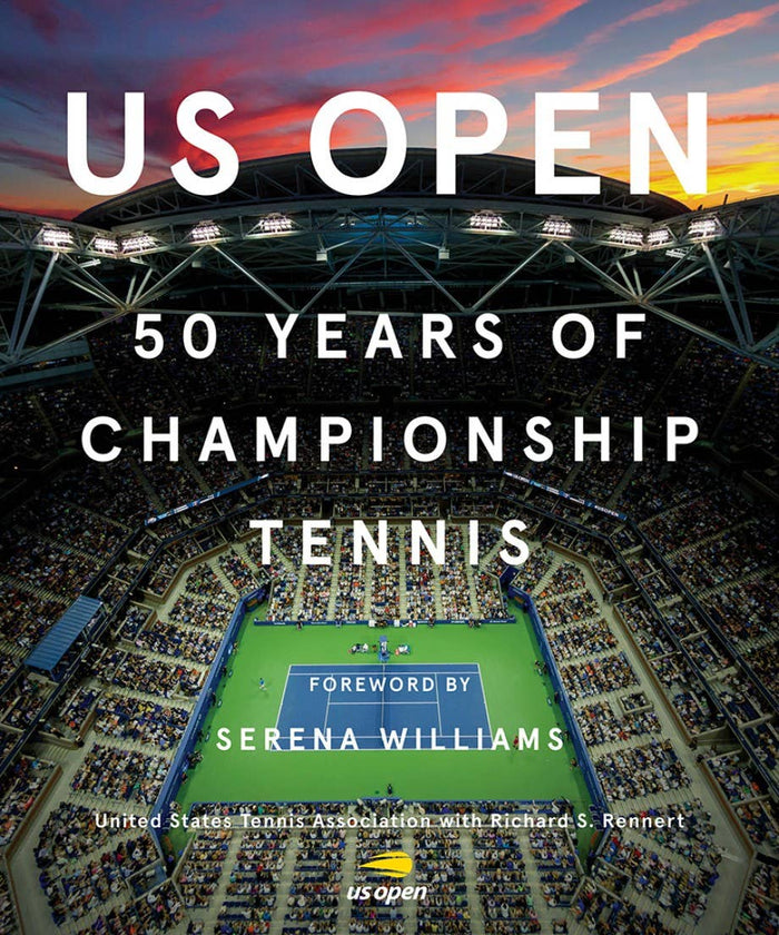 Book cover of '50 Years of Championship Tennis' with a tennis stadium and sunset sky. Gift for Tennis Players, Luxury Sports Decor, US Open 50th Anniversary