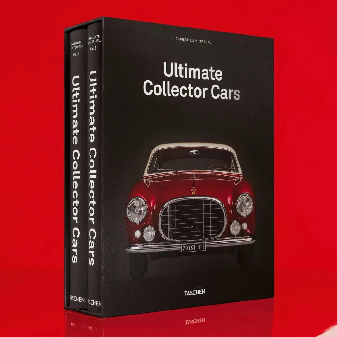 Book titled 'Ultimate Collector Cars' with a red car illustration on a black cover against a red background.