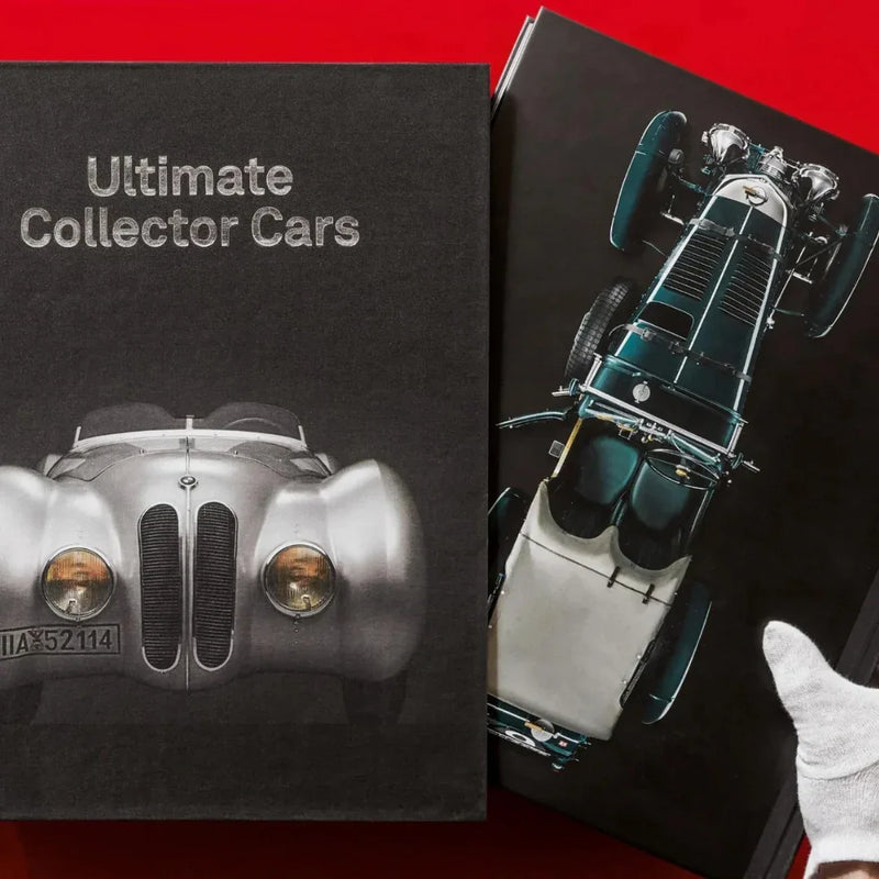Book titled 'Ultimate Collector Cars' with images of vintage cars on a red background - Ultimate Collector Cars TASCHEN two-volume book set in a luxury slipcase