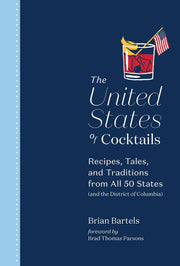 Book cover of 'The United States of Cocktails' with a cocktail illustration on a blue background