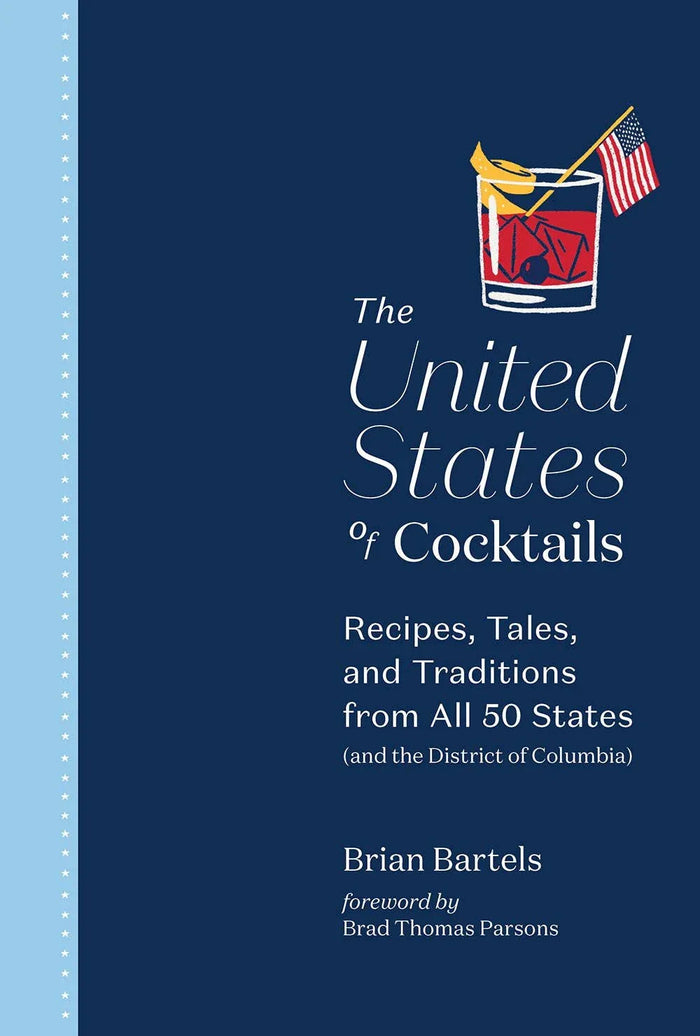 Book cover of 'The United States of Cocktails' with a cocktail illustration on a blue background