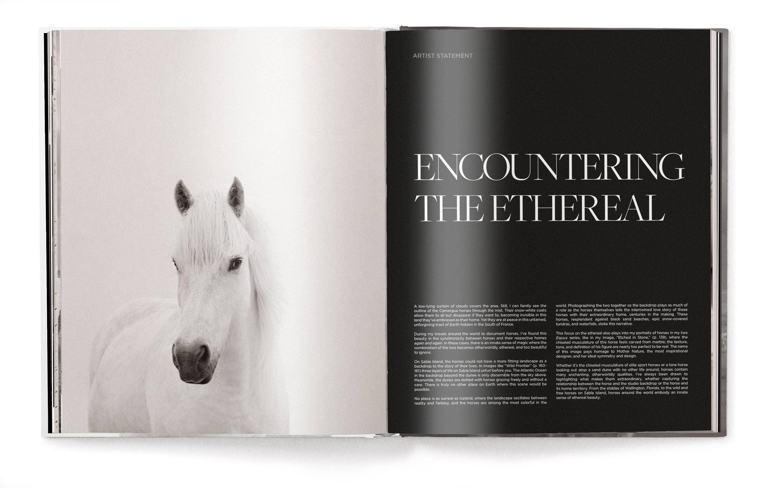 Open book with a black and white photo of a horse on the left page and text on the right page.