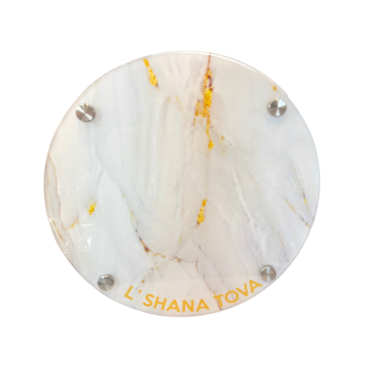 A round white marble coaster with gold veining and the words 'L' SHANA TOVA' printed in gold at the bottom, secured with four silver metal studs on a white background.