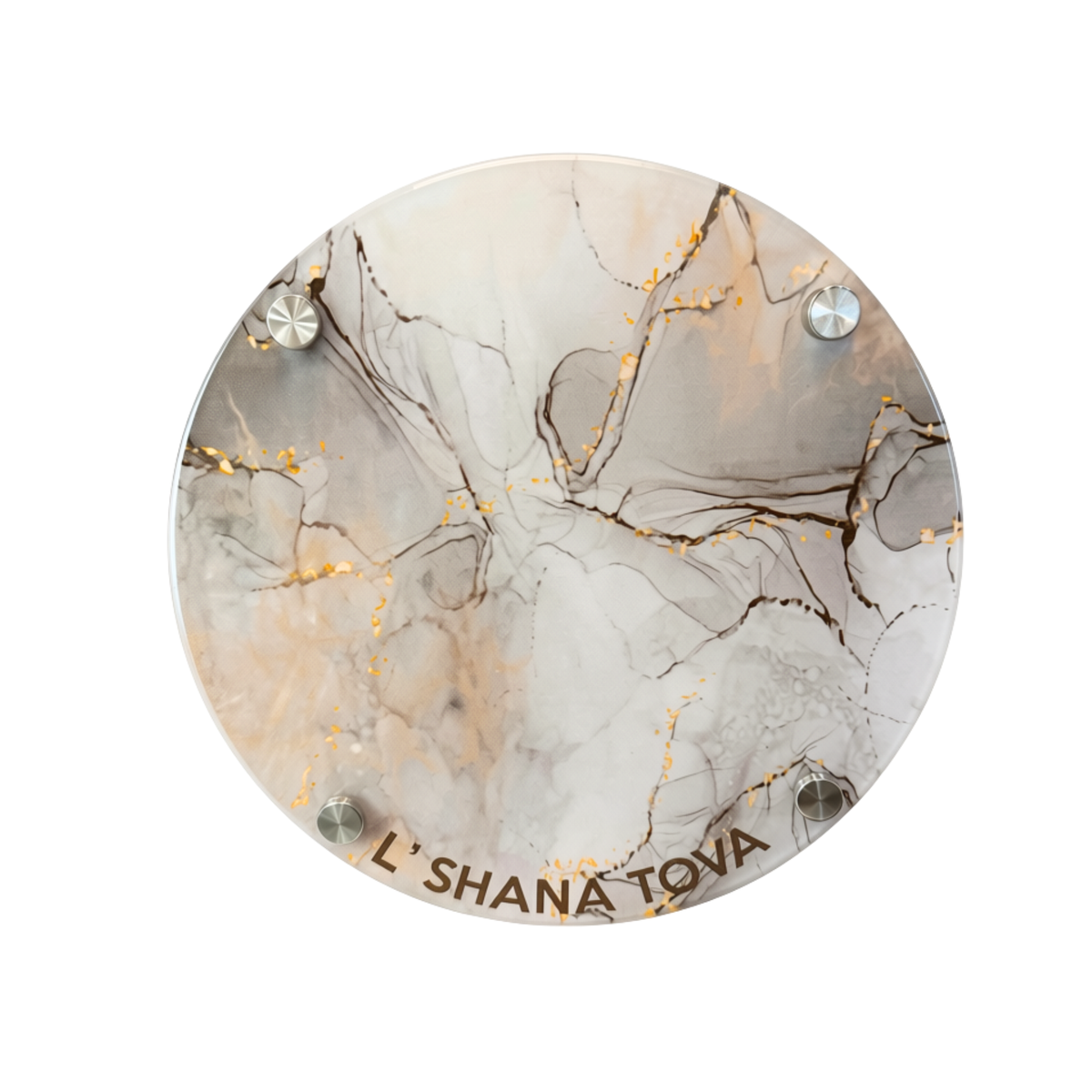 A round acrylic coaster featuring a white and gray marble pattern with gold veins and the text 'L'SHANA TOVA' printed in gold at the bottom, secured with four silver metal studs on a white background.