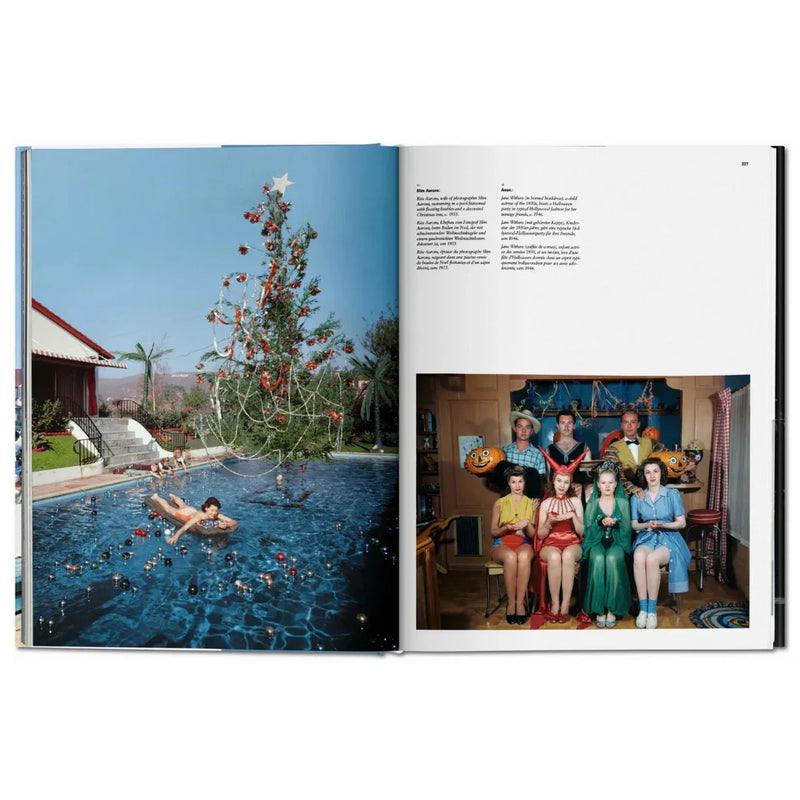 Open book showing two images: one of a pool with a decorated Christmas tree, and another of people in a room.