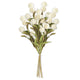 Bouquet of white pom pom spherical flowers with green stems on a white background