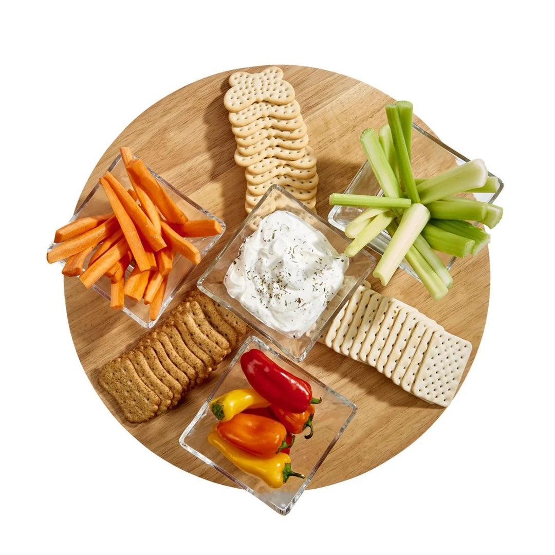 Wooden 15" Round Lazy Susan with food displayed. 