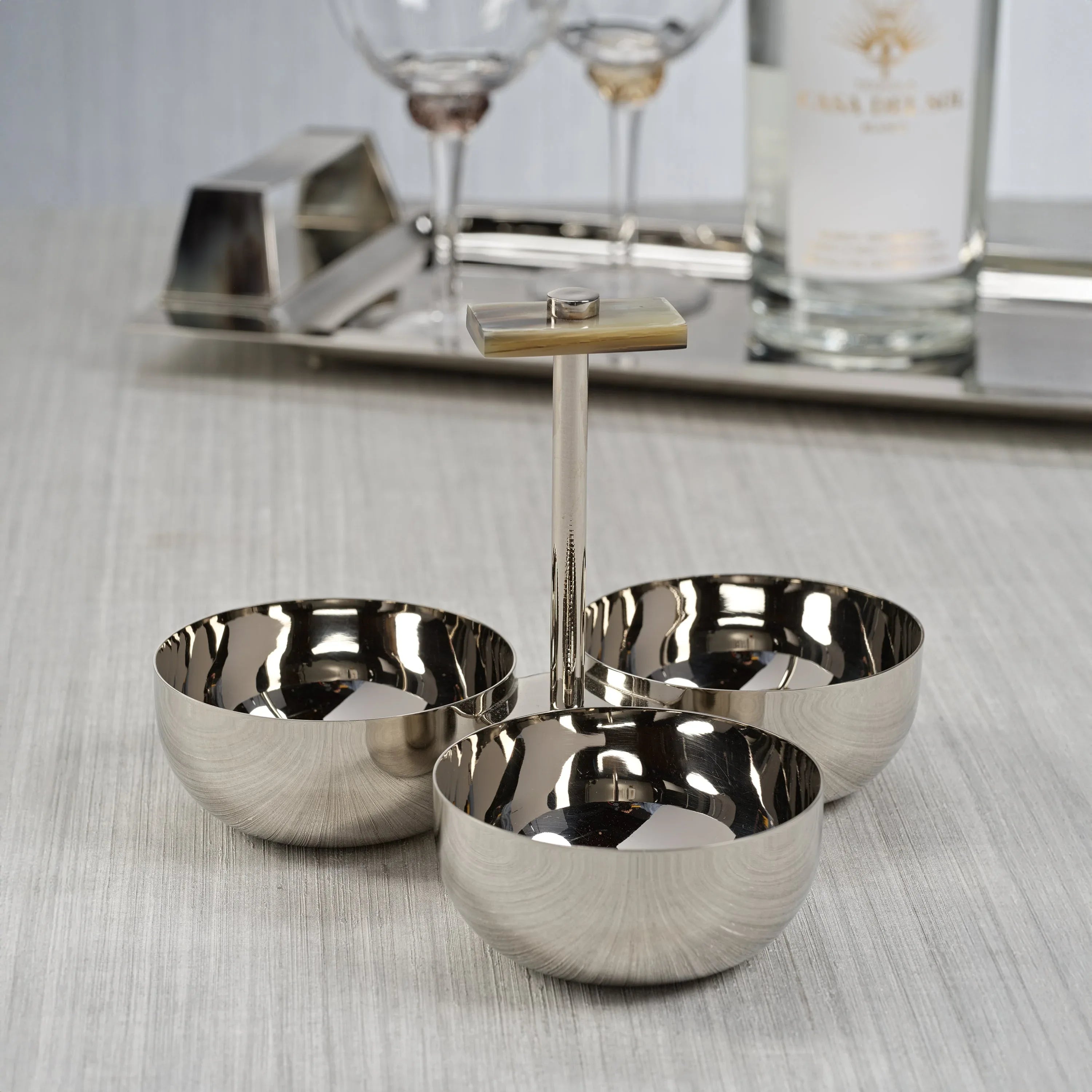 Bradley Condiment Set with Horn Trim & Nickel Serveware