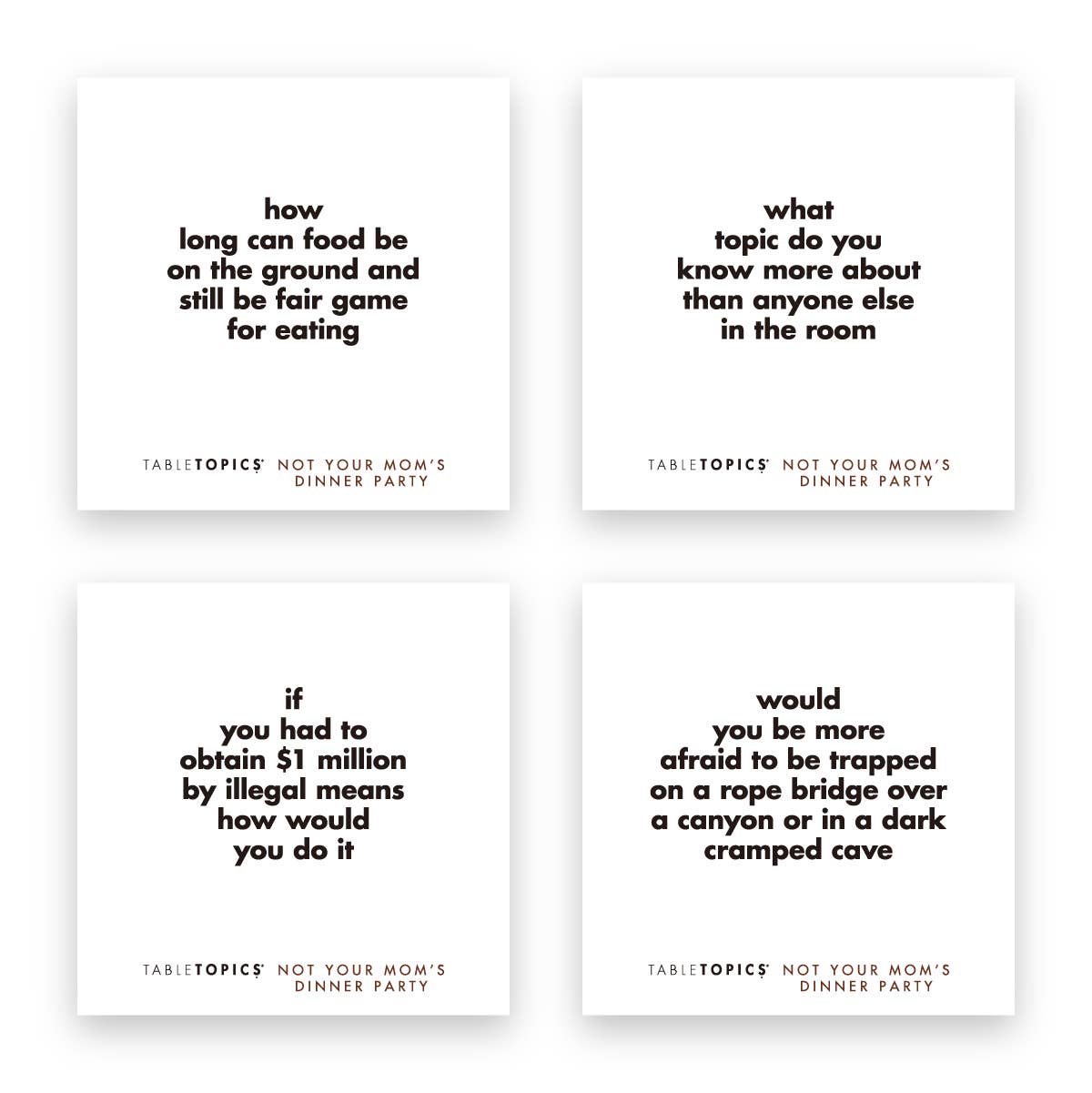 Four white cards with black text on a white background, featuring table topics for dinner parties.