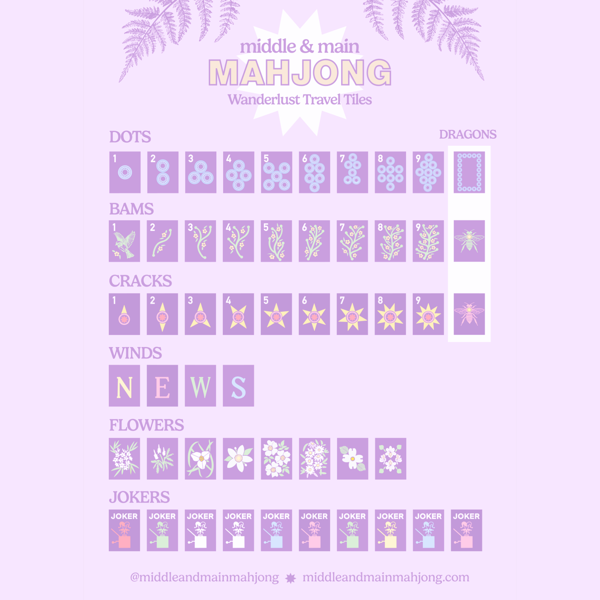Collection of purple mahjong tiles with various symbols on a light purple background, featuring the brand 'middle & main'.