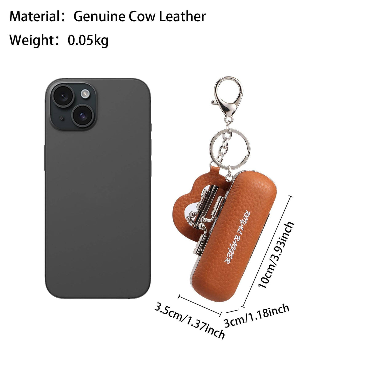 Brown cow leather earbud case keychain shown next to a black smartphone for scale, with text listing material as genuine cow leather and weight as 0.05kg.