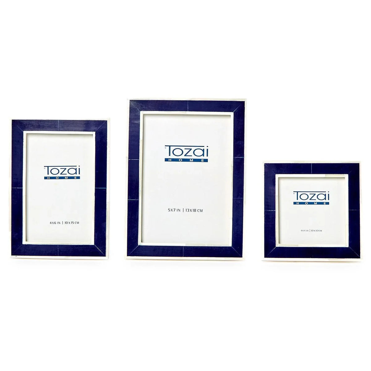 Three blue picture frames with 'Home' branding on a white background Caspian Navy Decor, Tabletop Photo Frame