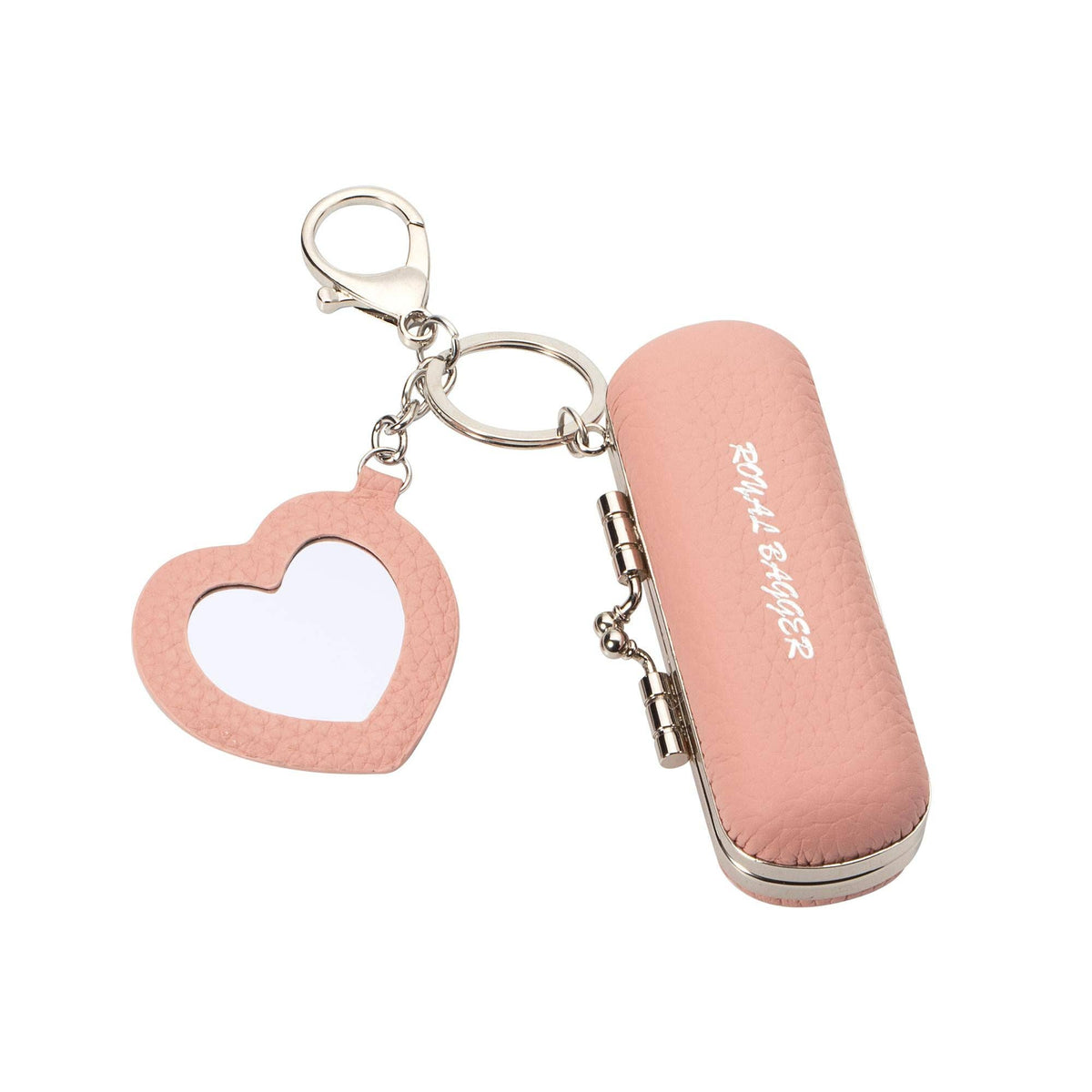 A pink faux-leather keychain organizer featuring a small heart-shaped mirror and a compact cylindrical case with silver-tone metal hardware, shown on a plain white background.