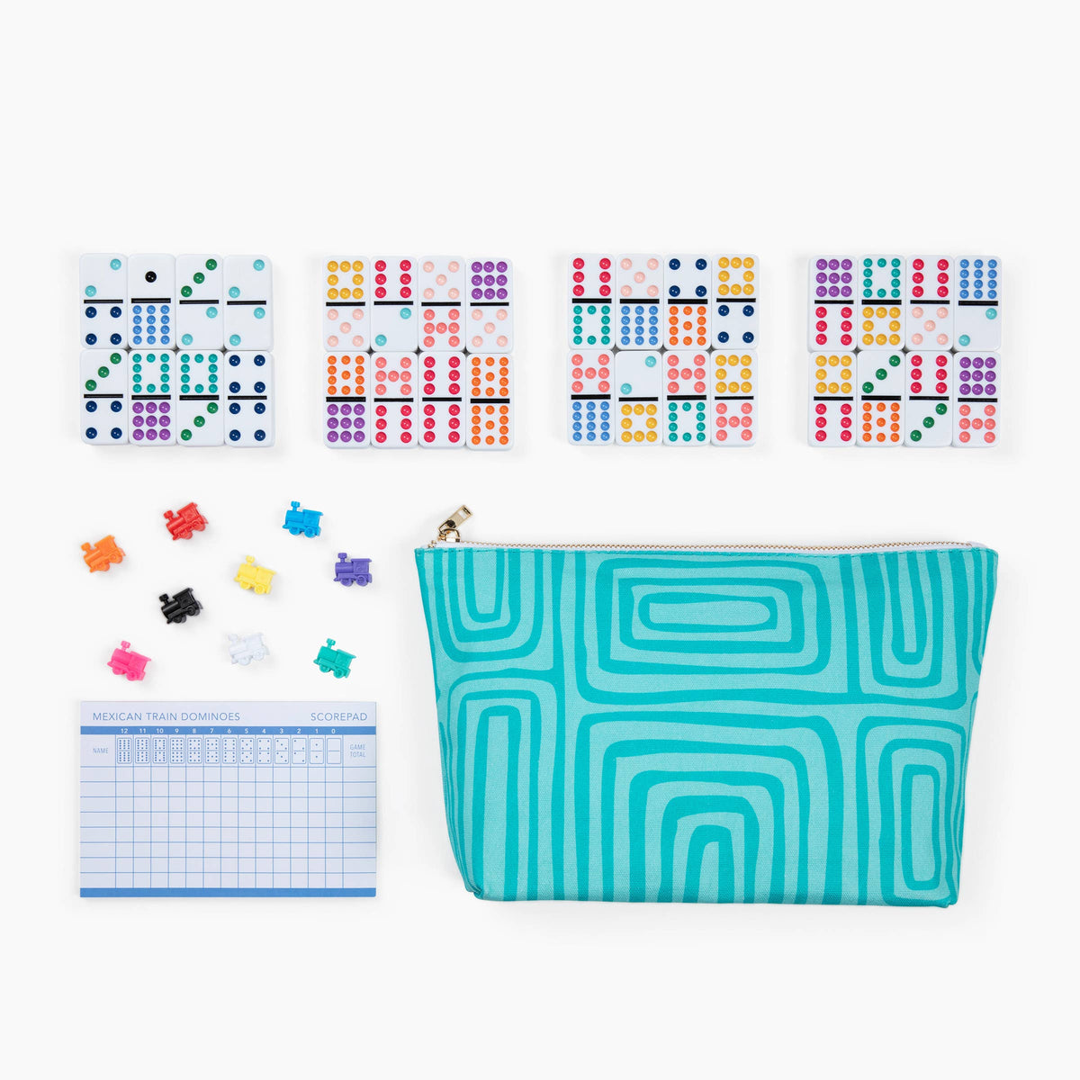 Turquoise pouch with geometric pattern, colorful dot cards, and a small notepad on a white background
