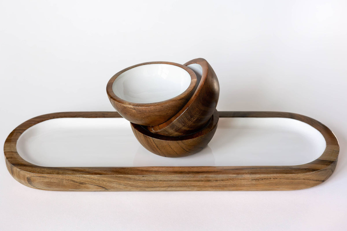 Acacia Wood 3 Dipping Bowls and Tray