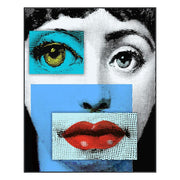 A pop art style collage print featuring a black-and-white halftone face with a bright blue rectangular overlay covering the mouth area, a red-and-black lip graphic, and a turquoise eye graphic with a yellow iris on the upper left.