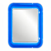A square wall mirror with a thick, vibrant translucent blue frame, shown against a solid white background.