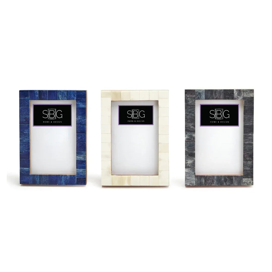 blue, white, black artisanal picture ivory bone in lay frame