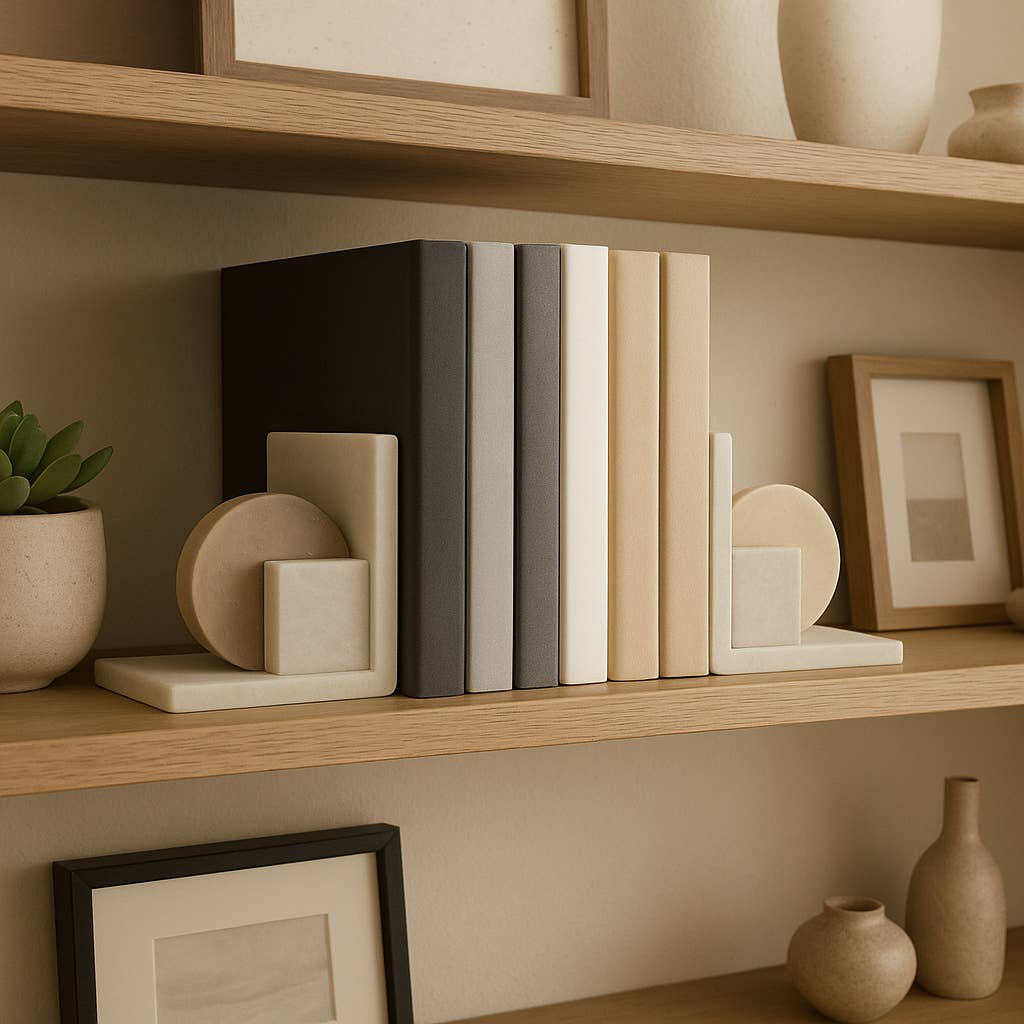 White/Tan Marble Geometric Bookends S/2