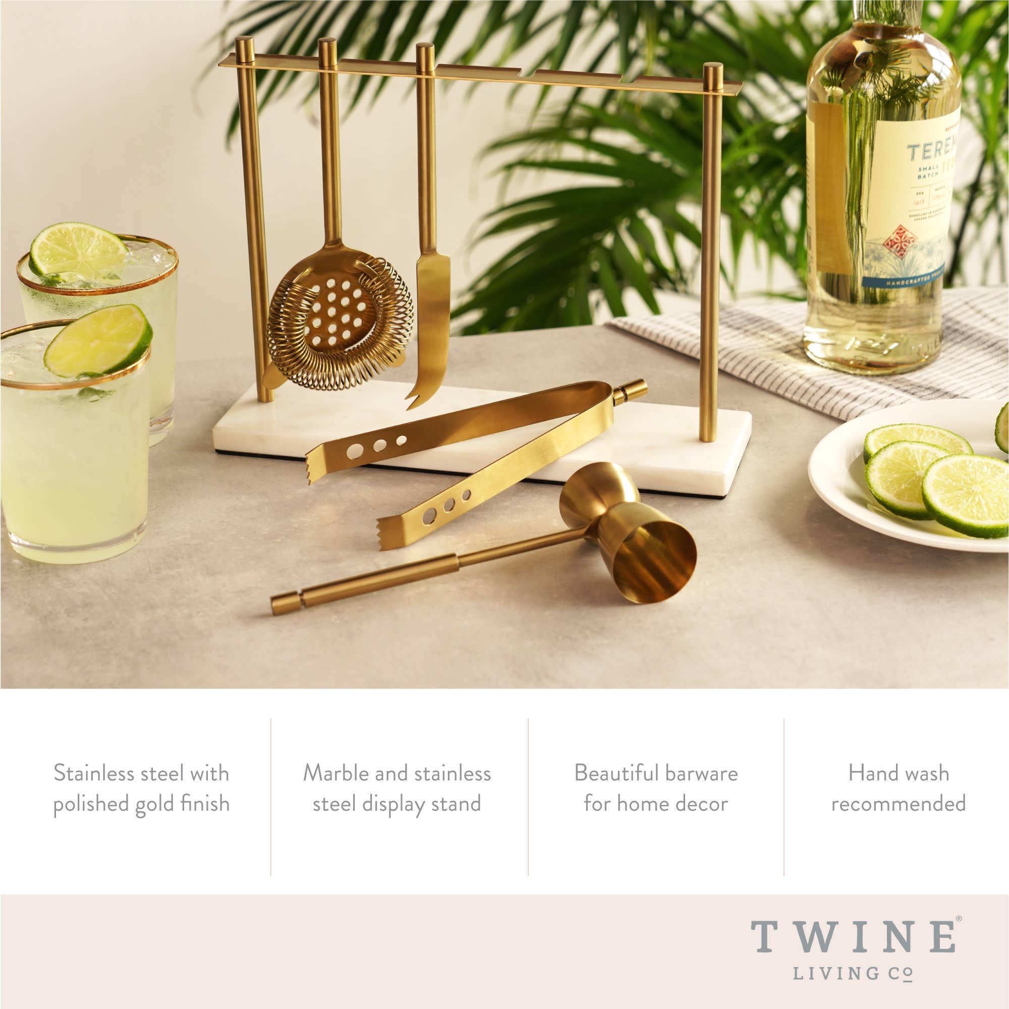 Gold Plated Stainless Steel Bar Tool Set with Marble Stand