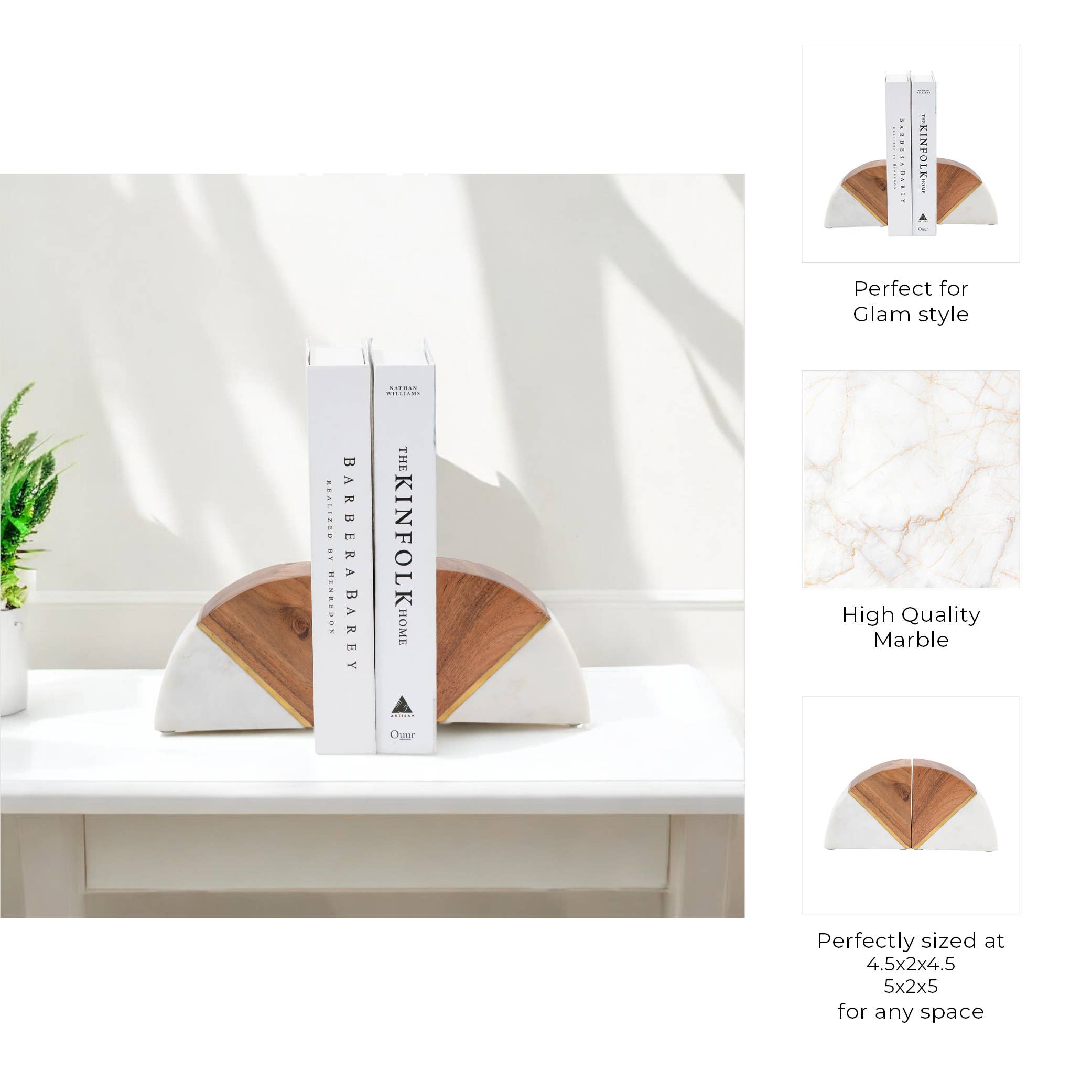 White Marble Wood and Brass Bookends S/2