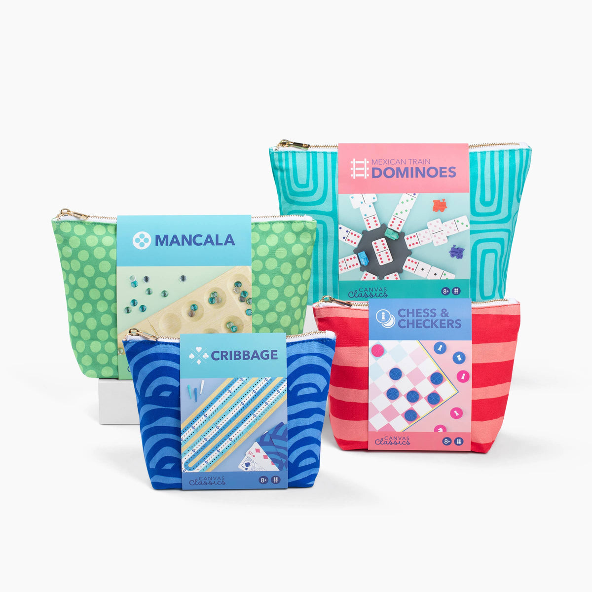 Collection of board game bags with game names on a white background