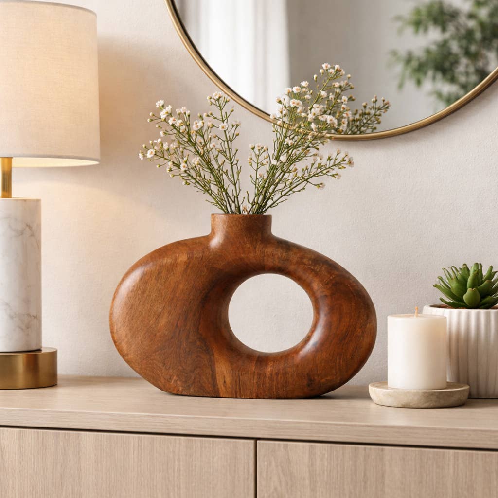 Mango Wood Round Cut-out Vase