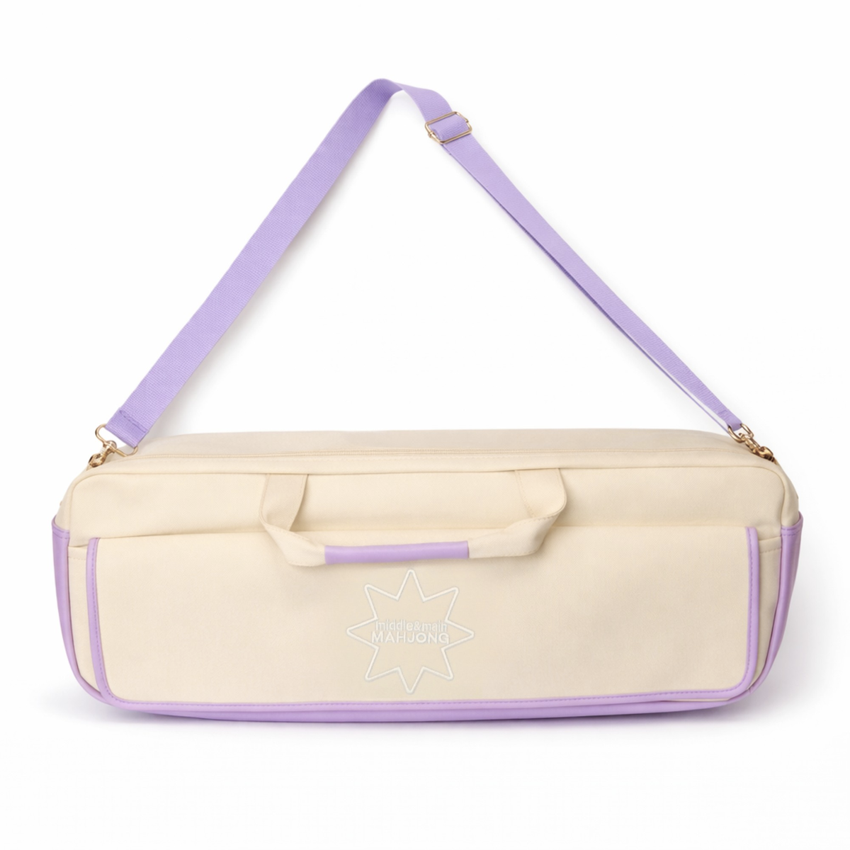 Beige bag with purple accents on a white background