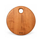 A round wooden cutting board with a natural cherry wood grain finish and a small circular hole at the top for hanging, featuring the POWD logo near the bottom edge, set against a plain white background.