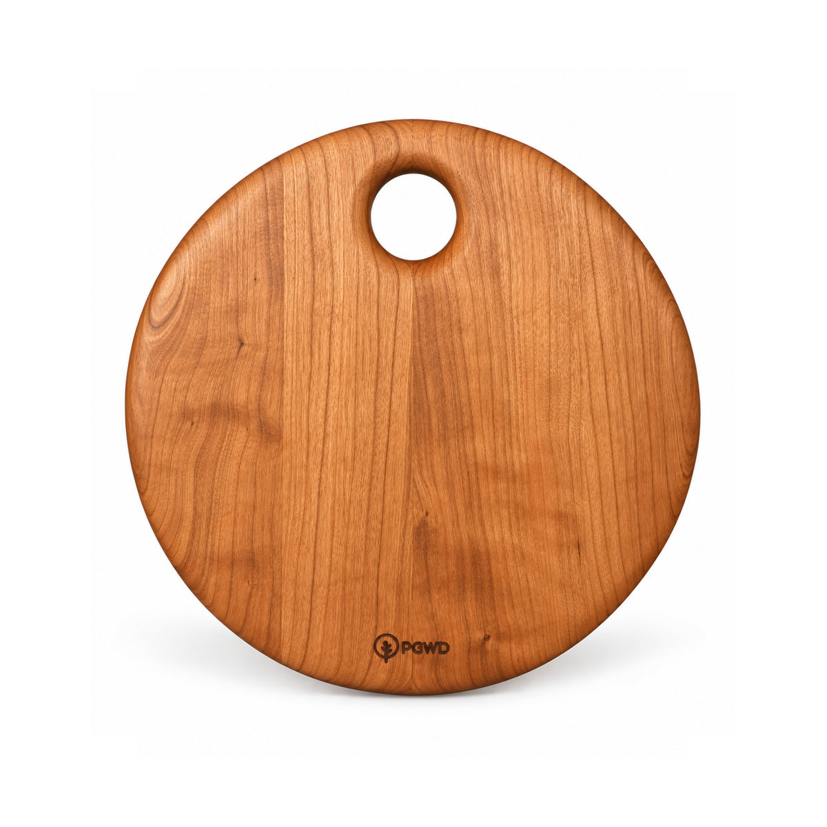 A round wooden cutting board with a natural cherry wood grain finish and a small circular hole at the top for hanging, featuring the POWD logo near the bottom edge, set against a plain white background.