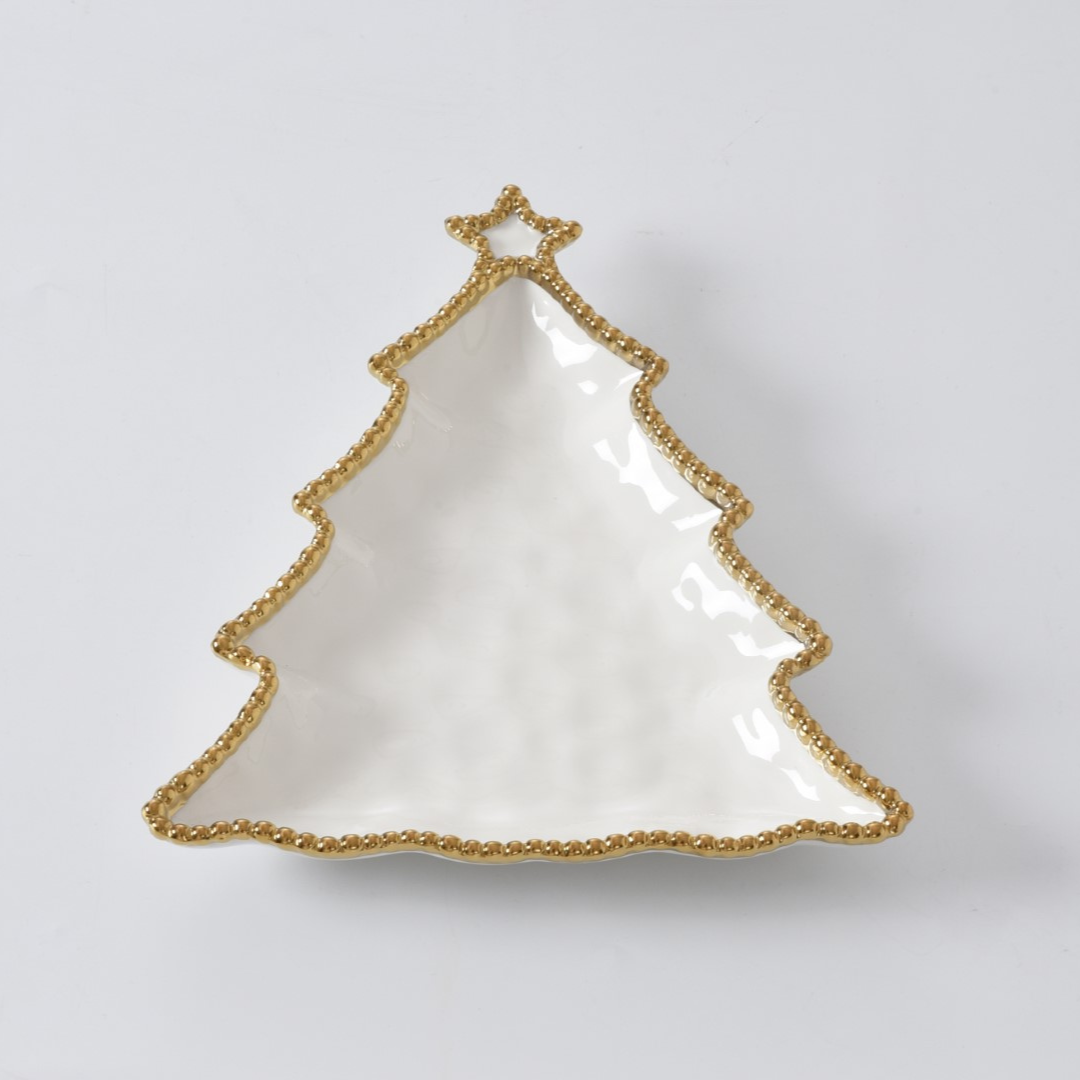 White porcelain Christmas Tree Platter with gold beaded trim. 