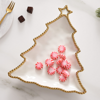 White porcelain Christmas Tree Platter with gold beaded trim. 