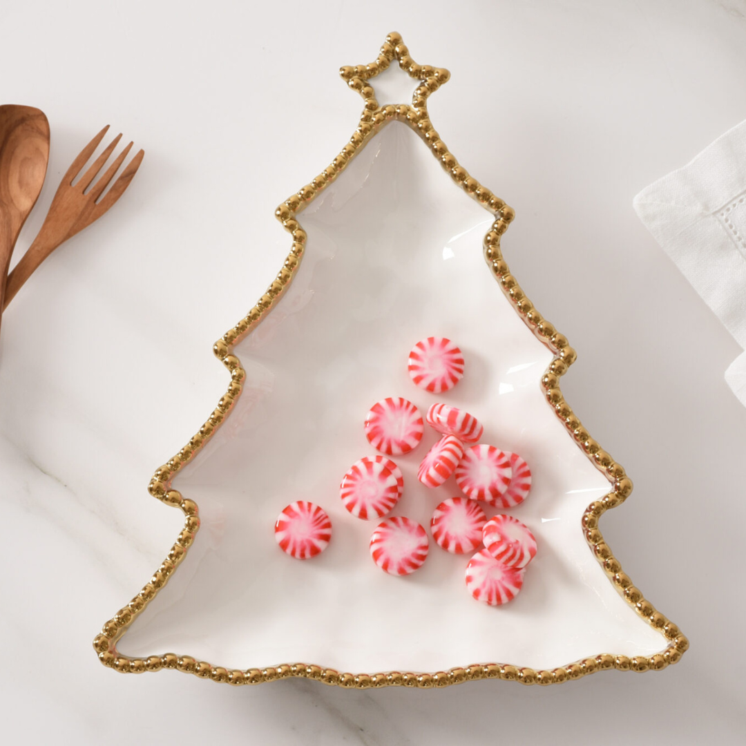 White porcelain Christmas Tree Platter with gold beaded trim. 