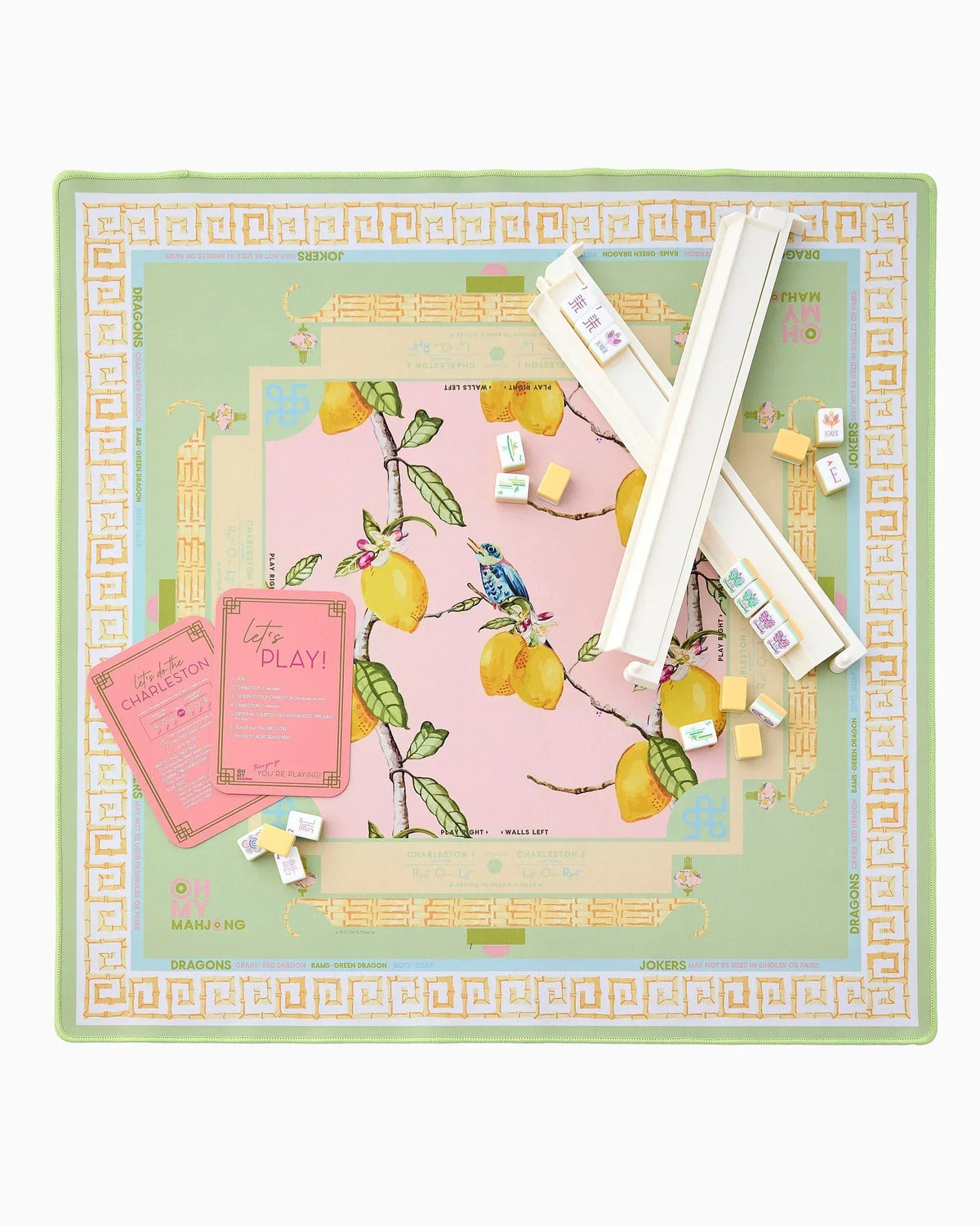 Decorative Mahjong mat with a pink floral design on a green mahjong mat